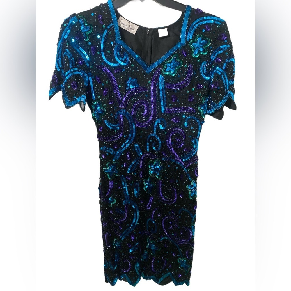 Laurence Kazar NY 1980’s Blue Sequin Silk Evening Dress Size Small